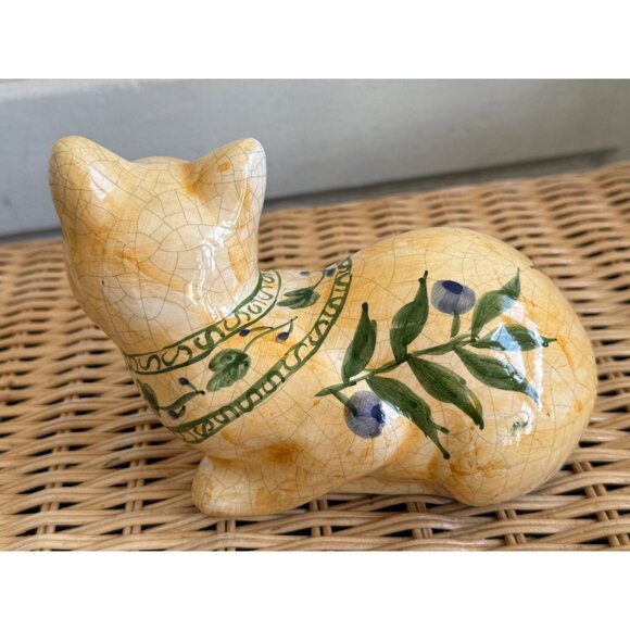 Vintage 70's Ceramic Cat Crackle Glaze Hand Painted Olive Branch - Picture 10 of 13